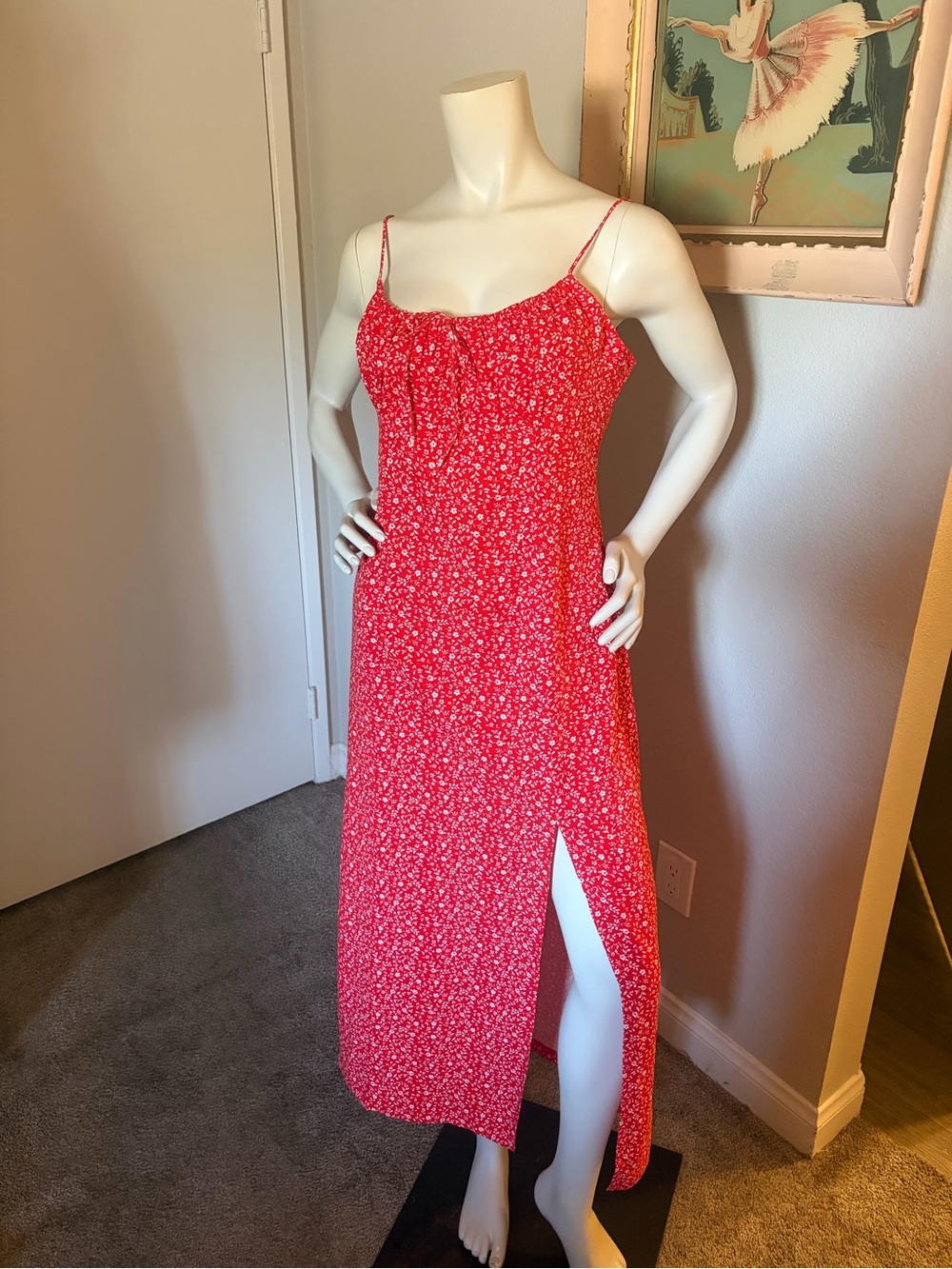 Zara Red Floral Midi Dress | Side Slit | Size Large | NWT
